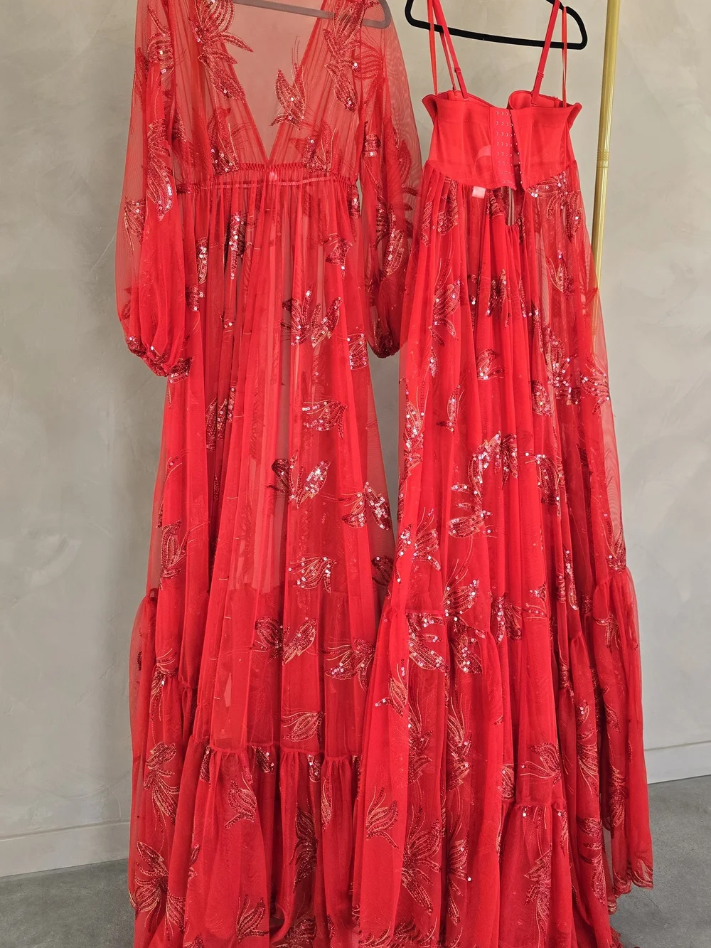 Red Floral Sheer Maxi Dress with Corset Bodice - Picture 10 of 13